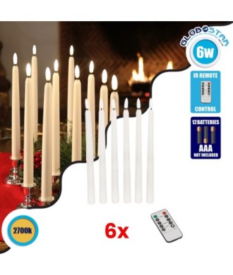 GloboStar® 79563 ΣΕΤ 6 Διακοσμητικών Realistic Κεριών Κηροπηγίου με LED Εφέ Κινούμενης Φλόγας - Μπαταρίας & Ασύρματο Χειριστήριο IR Θερμό Λευκό 2700K Dimmable